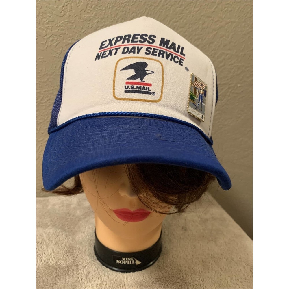 Vintage Express Mail Next Day Service Snap Back Trucker Hat w/Postal Service Pin